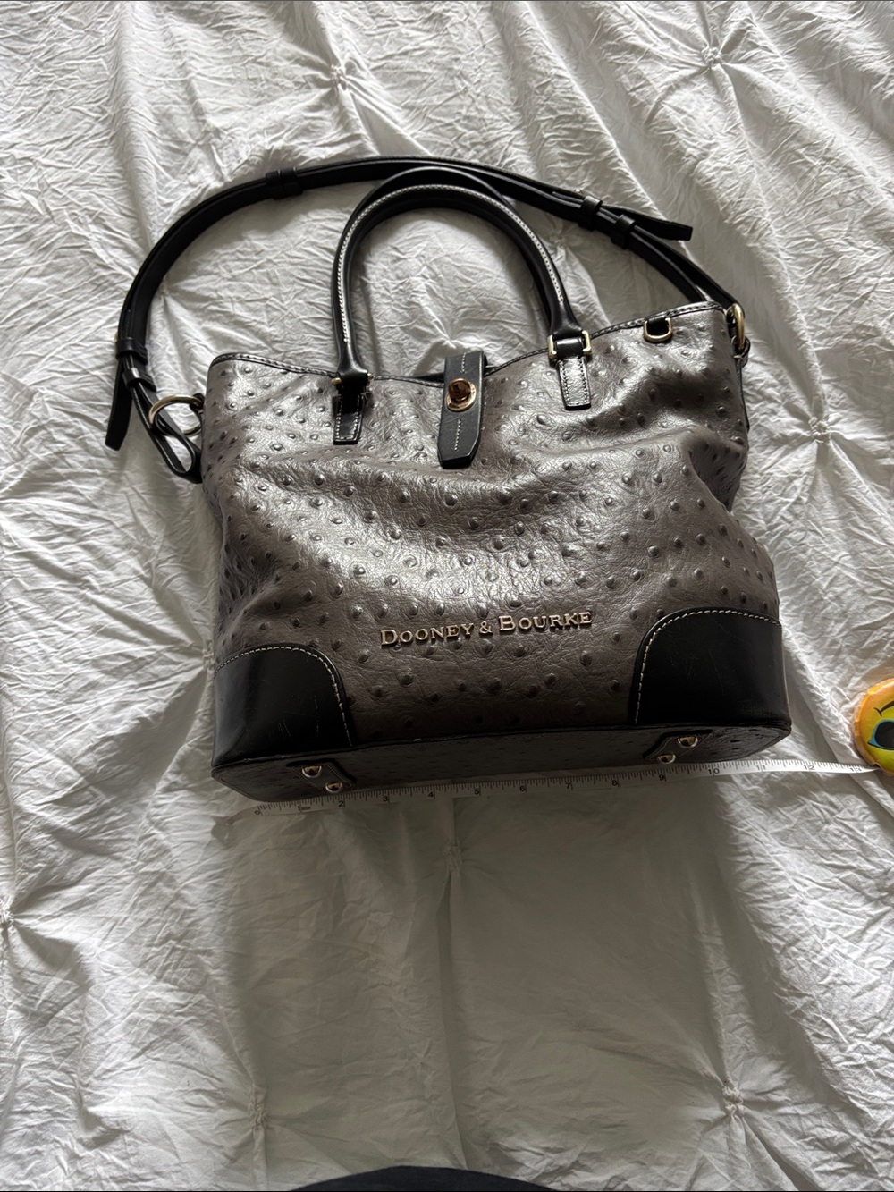 Dooney & Bourke Metallic Gray and Black Ostrich-Embossed Satchel